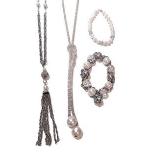 4Pc Set Faux Pearl Silver Chain Jewelry Lariat Knot Necklace Bracelet Tassel